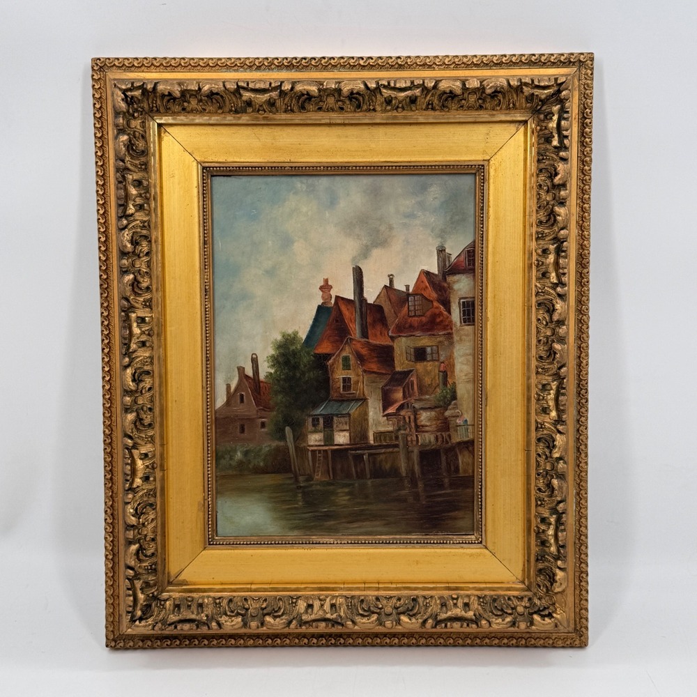 Antique European Harbor Village Oil Painting in Ornate Gilt Frame